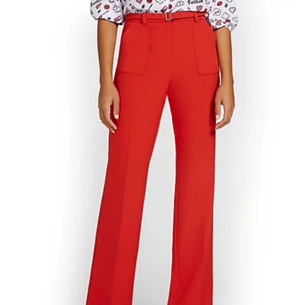 New York & Company Red Wide-Leg Pants with Belt